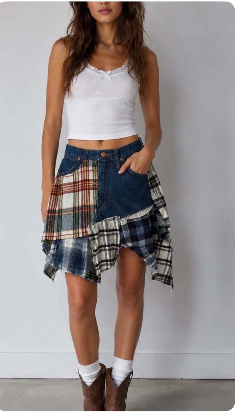 Wrangler ReMADE By UO Spliced Flannel Denim Mini Skirt